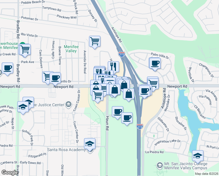 map of restaurants, bars, coffee shops, grocery stores, and more near 29966 Haun Road in Menifee