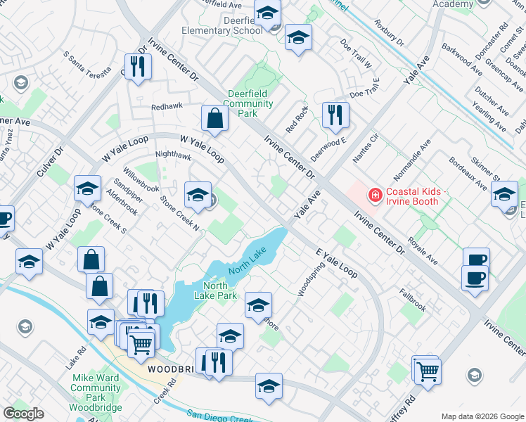 map of restaurants, bars, coffee shops, grocery stores, and more near 1 Pinewood in Irvine