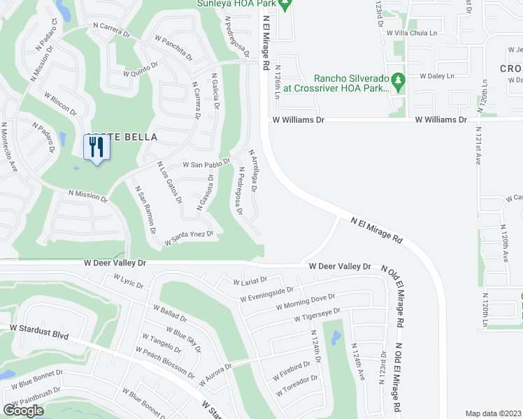 map of restaurants, bars, coffee shops, grocery stores, and more near 22027 North Arrellaga Drive in Sun City West