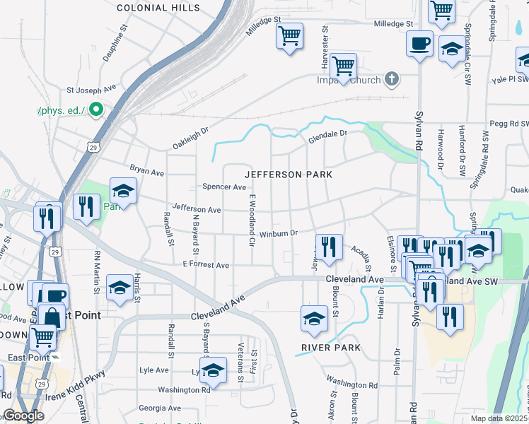 map of restaurants, bars, coffee shops, grocery stores, and more near Jefferson Avenue in Atlanta