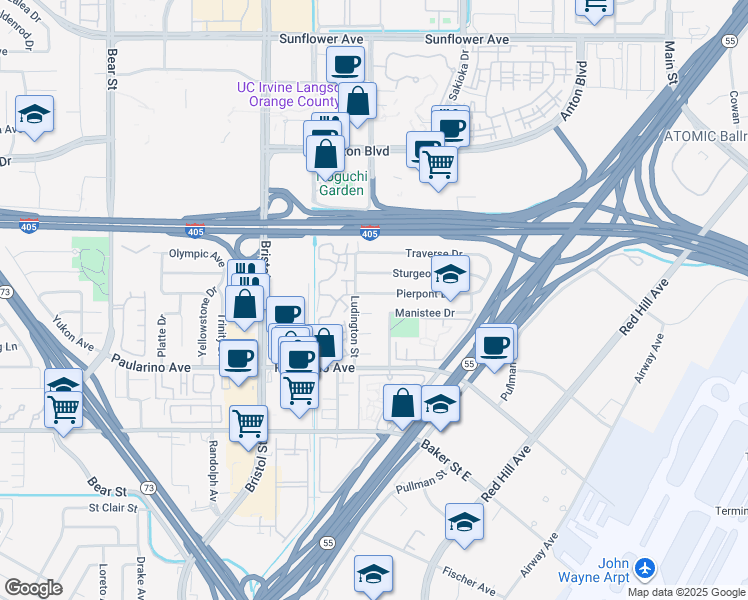map of restaurants, bars, coffee shops, grocery stores, and more near 587 Pierpont Drive in Costa Mesa