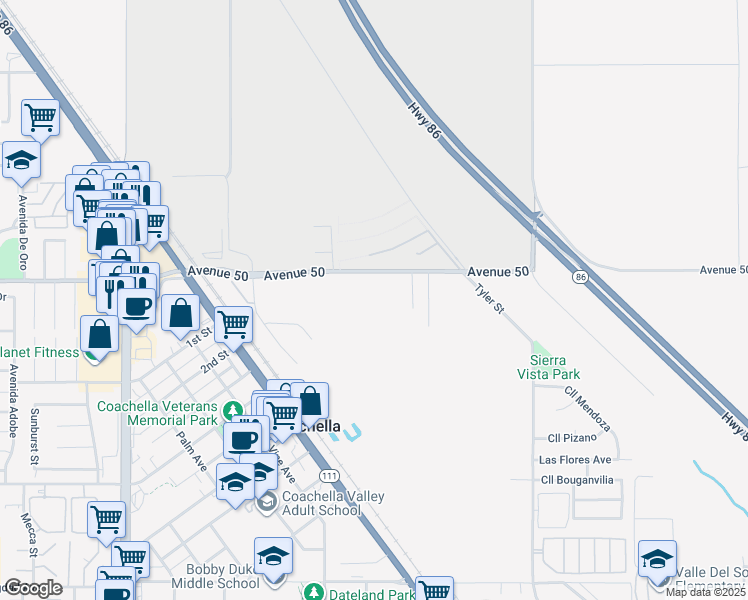 map of restaurants, bars, coffee shops, grocery stores, and more near 85701 Avenue 50 in Coachella