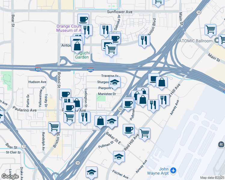 map of restaurants, bars, coffee shops, grocery stores, and more near 521 Sturgeon Drive in Costa Mesa