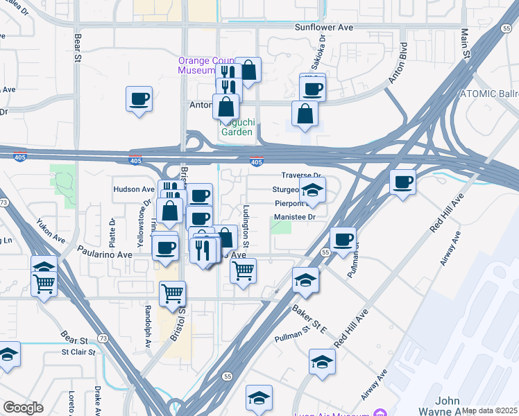 map of restaurants, bars, coffee shops, grocery stores, and more near 587 Pierpont Drive in Costa Mesa