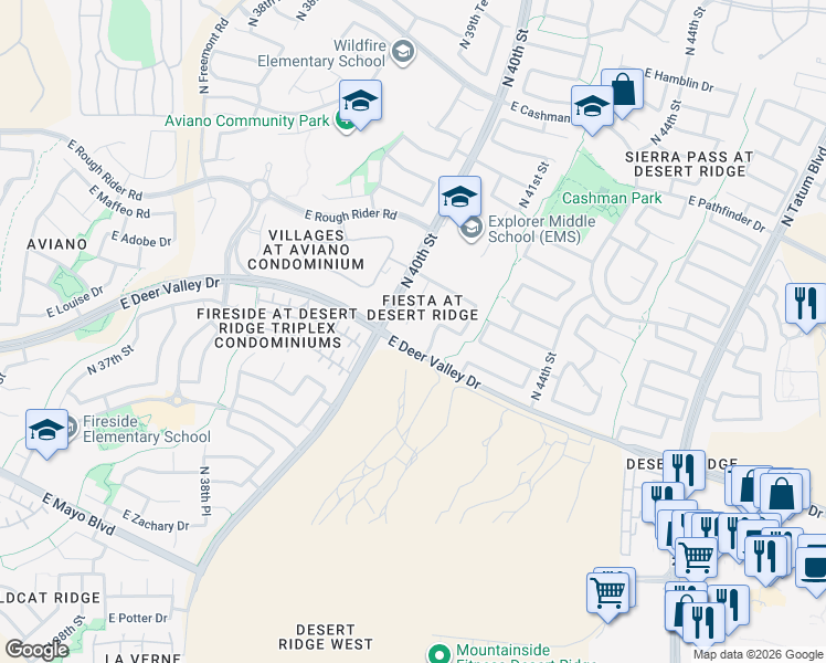 map of restaurants, bars, coffee shops, grocery stores, and more near 21843 North 40th Place in Phoenix