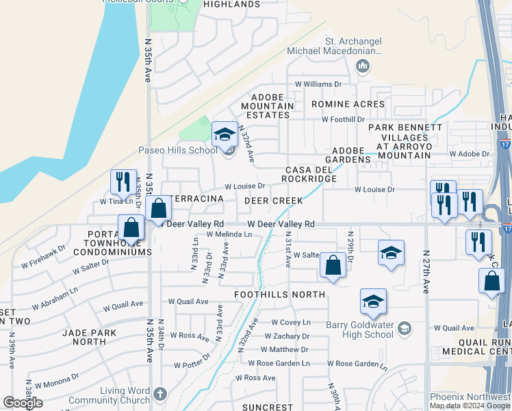 map of restaurants, bars, coffee shops, grocery stores, and more near 3201 West Louise Drive in Phoenix