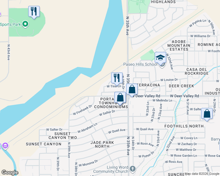 map of restaurants, bars, coffee shops, grocery stores, and more near 3563 West Sands Drive in Glendale