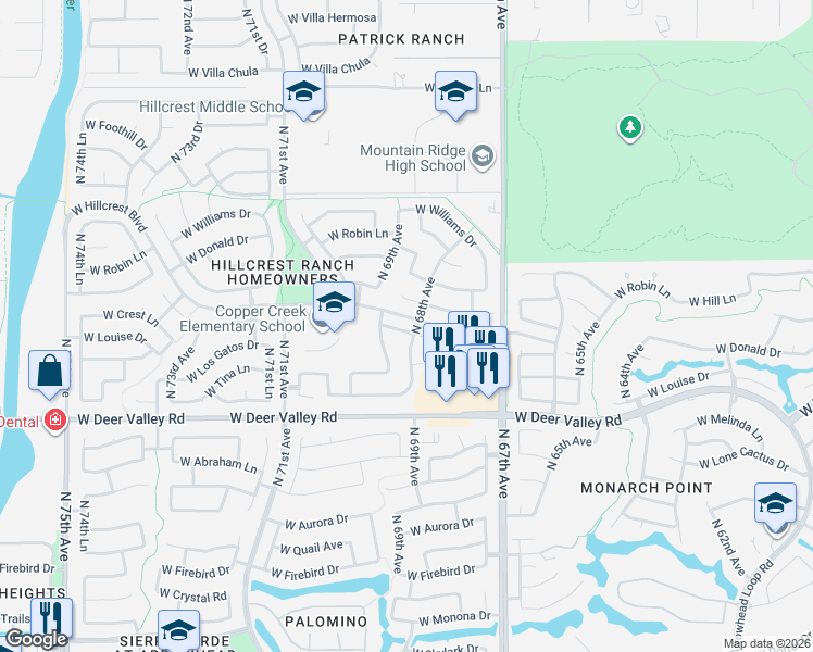 map of restaurants, bars, coffee shops, grocery stores, and more near 6835 West Crest Lane in Glendale