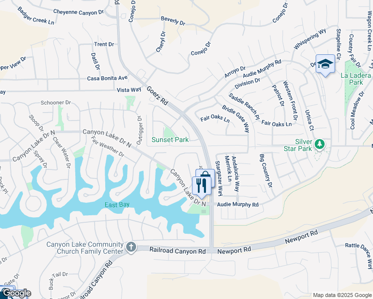 map of restaurants, bars, coffee shops, grocery stores, and more near 29989 Windward Drive in Canyon Lake