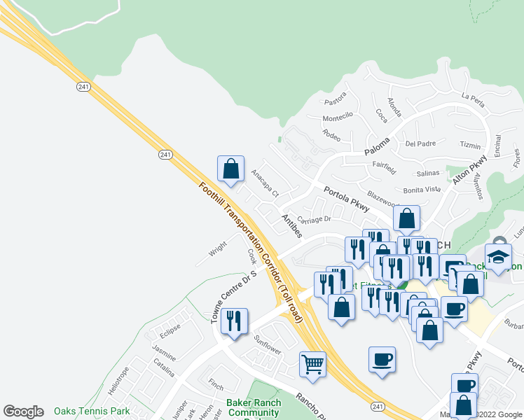 map of restaurants, bars, coffee shops, grocery stores, and more near 105 Antibedes in Lake Forest
