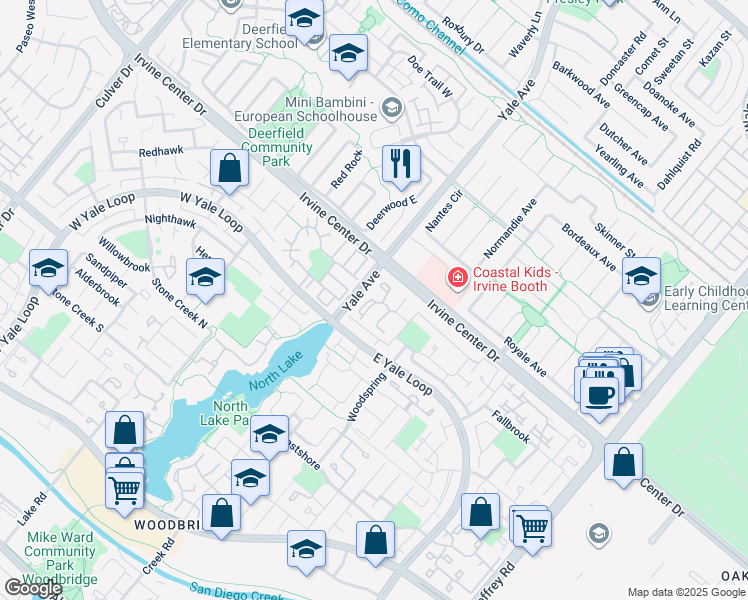 map of restaurants, bars, coffee shops, grocery stores, and more near 23 Firebird in Irvine