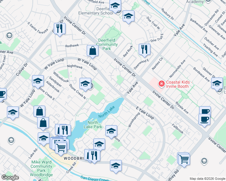 map of restaurants, bars, coffee shops, grocery stores, and more near 1 Pinewood in Irvine