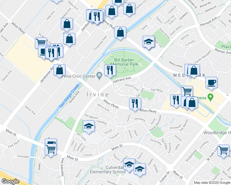 map of restaurants, bars, coffee shops, grocery stores, and more near 20 Toscany in Irvine