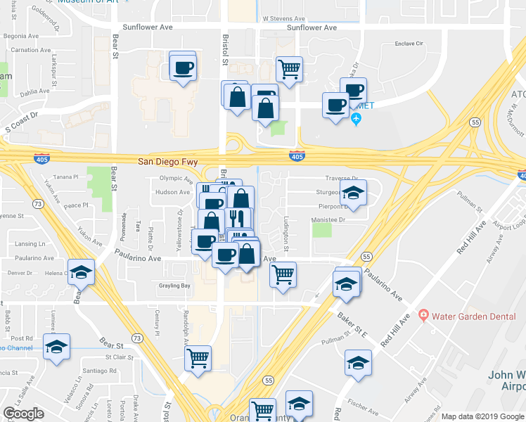 map of restaurants, bars, coffee shops, grocery stores, and more near 642 Whitney Way in Costa Mesa