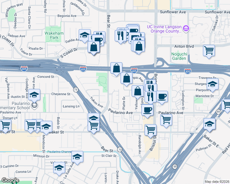 map of restaurants, bars, coffee shops, grocery stores, and more near 3128 Encore Court in Costa Mesa