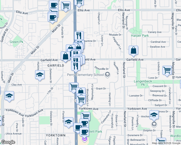 map of restaurants, bars, coffee shops, grocery stores, and more near 19082 Colchester Lane in Huntington Beach