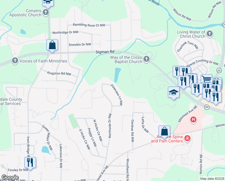 map of restaurants, bars, coffee shops, grocery stores, and more near 1542 Pineview Lane Northwest in Conyers