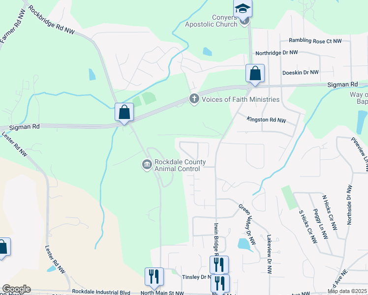 map of restaurants, bars, coffee shops, grocery stores, and more near 1179 Pinedale Circle Northwest in Conyers