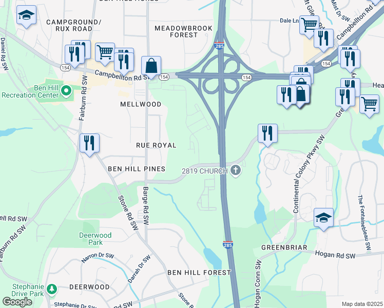 map of restaurants, bars, coffee shops, grocery stores, and more near 3417 Greenbriar Parkway Southwest in Atlanta