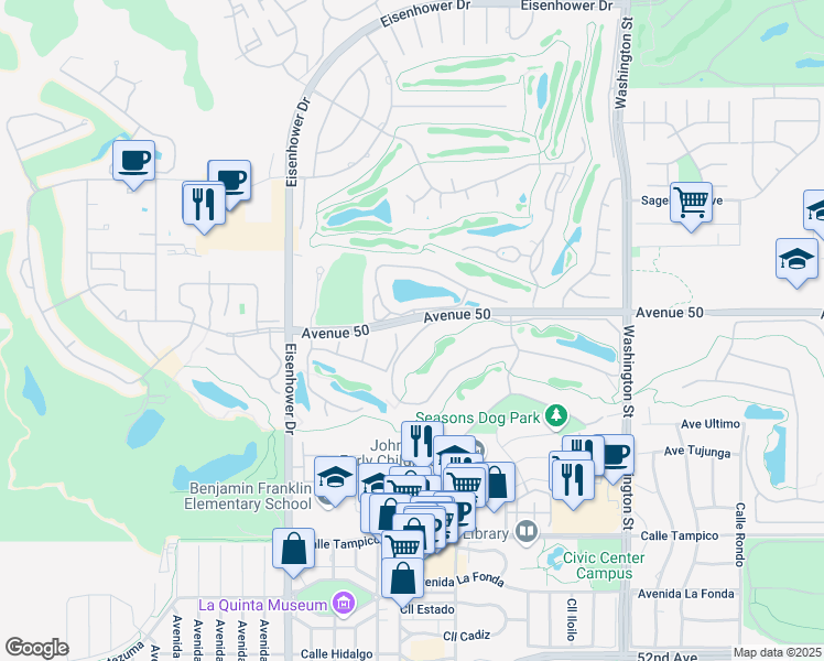 map of restaurants, bars, coffee shops, grocery stores, and more near 78191 Calle Norte in La Quinta