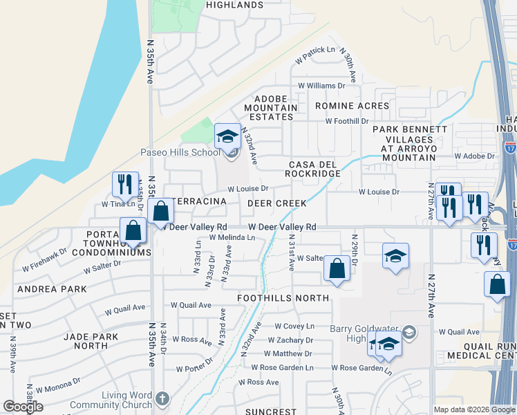 map of restaurants, bars, coffee shops, grocery stores, and more near 3201 West Louise Drive in Phoenix