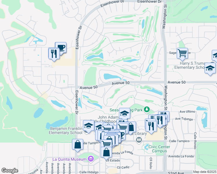 map of restaurants, bars, coffee shops, grocery stores, and more near 78191 Calle Norte in La Quinta