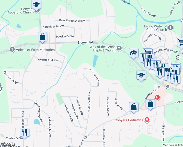 map of restaurants, bars, coffee shops, grocery stores, and more near 1542 Pineview Lane Northwest in Conyers