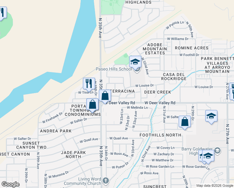 map of restaurants, bars, coffee shops, grocery stores, and more near 3408 West Via Del Sol Drive in Phoenix