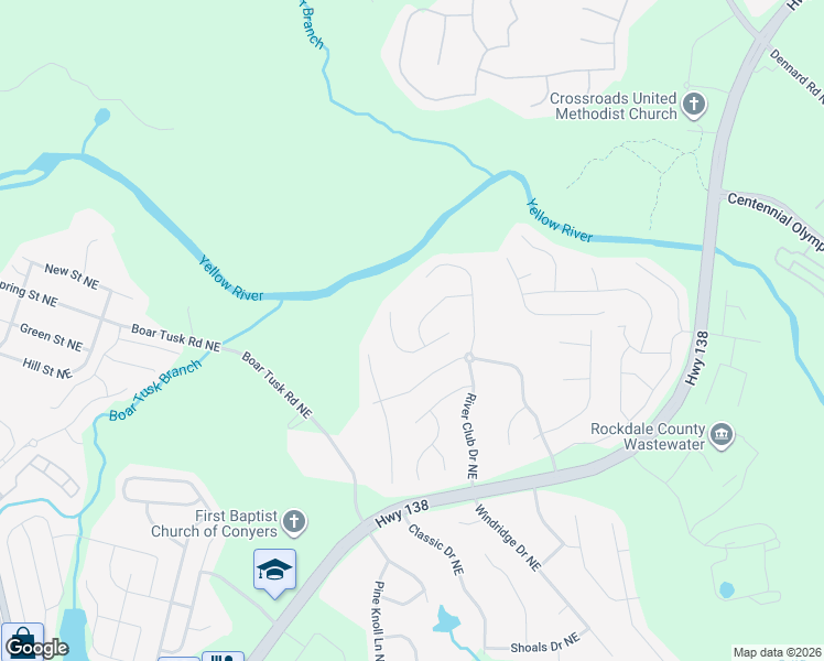 map of restaurants, bars, coffee shops, grocery stores, and more near 1213 River Rush Lane Northeast in Conyers