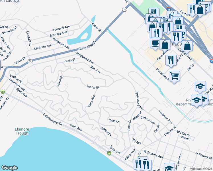 map of restaurants, bars, coffee shops, grocery stores, and more near 17857 Foster Street in Lake Elsinore