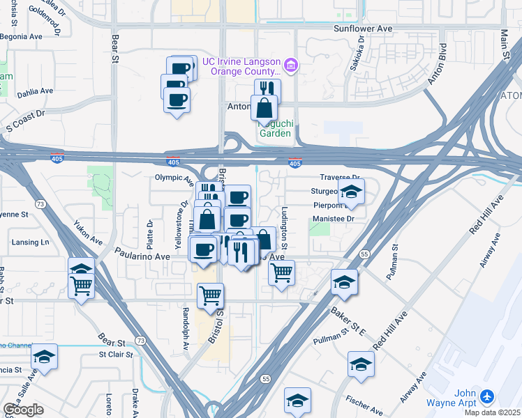 map of restaurants, bars, coffee shops, grocery stores, and more near 642 Whitney Way in Costa Mesa