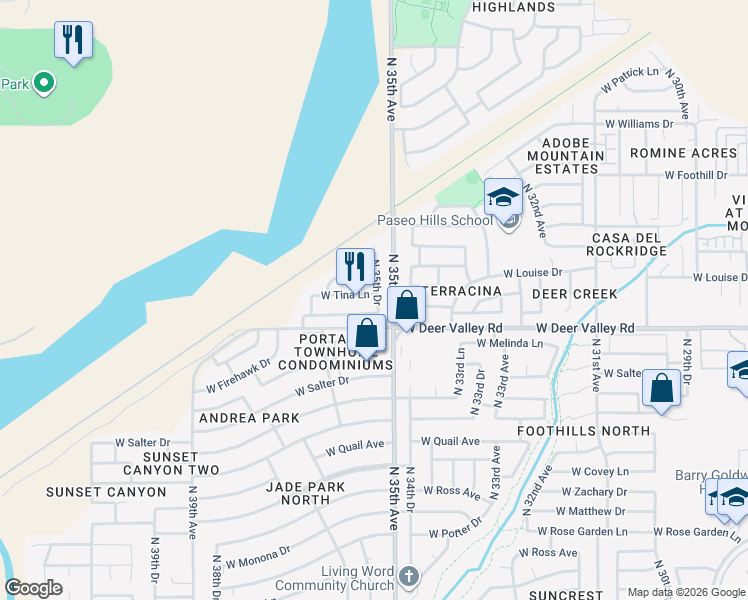 map of restaurants, bars, coffee shops, grocery stores, and more near 3515 West Tina Lane in Glendale