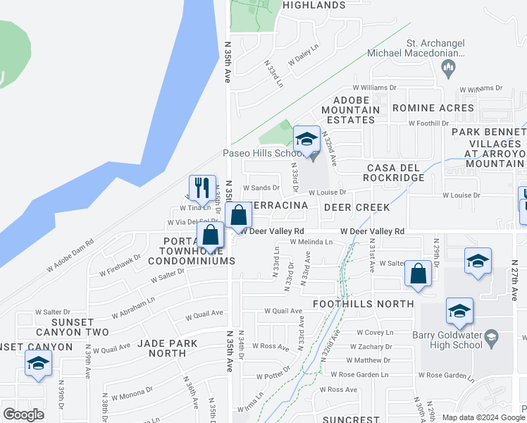 map of restaurants, bars, coffee shops, grocery stores, and more near 3412 West Via Del Sol Drive in Phoenix