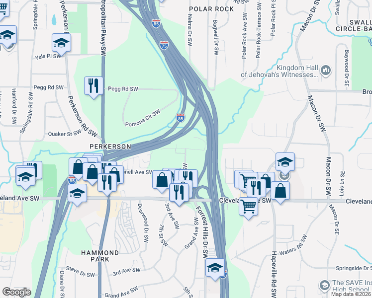 map of restaurants, bars, coffee shops, grocery stores, and more near 2545 Forrest Hills Drive Southwest in Atlanta
