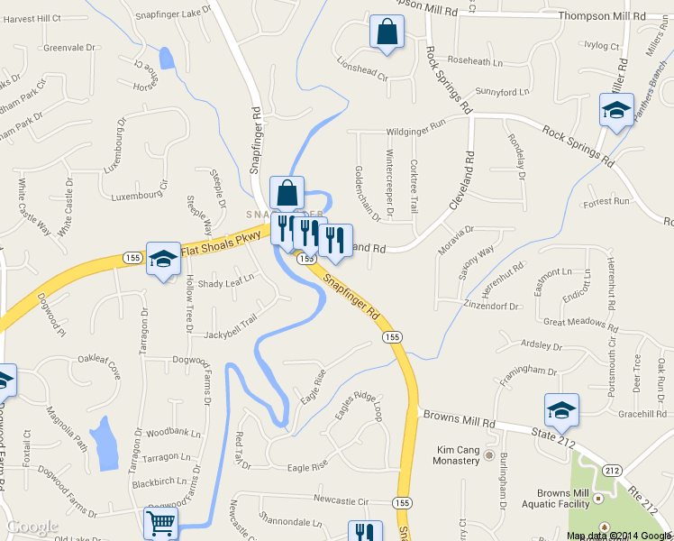 map of restaurants, bars, coffee shops, grocery stores, and more near 3316 Snapfinger Road in Lithonia