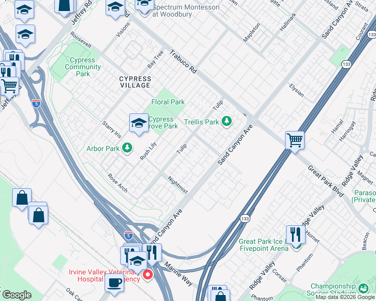 map of restaurants, bars, coffee shops, grocery stores, and more near 107 Island Coral in Irvine