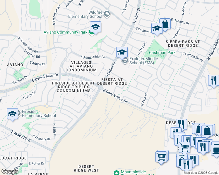 map of restaurants, bars, coffee shops, grocery stores, and more near 21843 North 40th Place in Phoenix