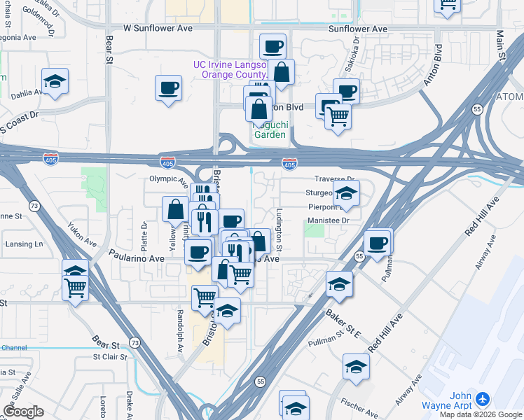 map of restaurants, bars, coffee shops, grocery stores, and more near 616 Thames Way in Costa Mesa