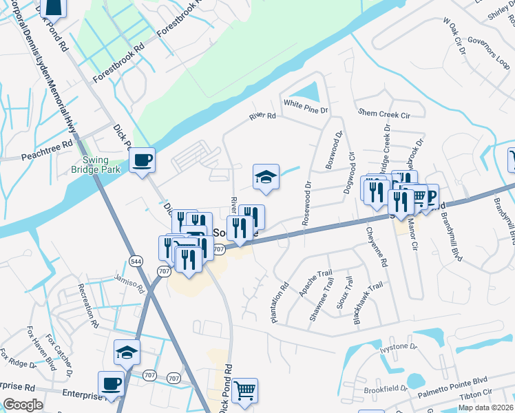 map of restaurants, bars, coffee shops, grocery stores, and more near 4900 Socastee Boulevard in Myrtle Beach