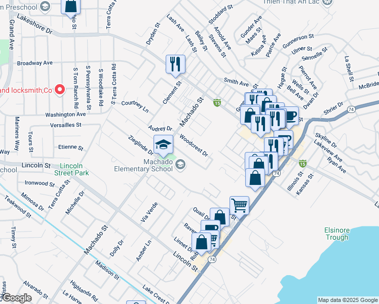 map of restaurants, bars, coffee shops, grocery stores, and more near 661 Woodcrest Drive in Lake Elsinore
