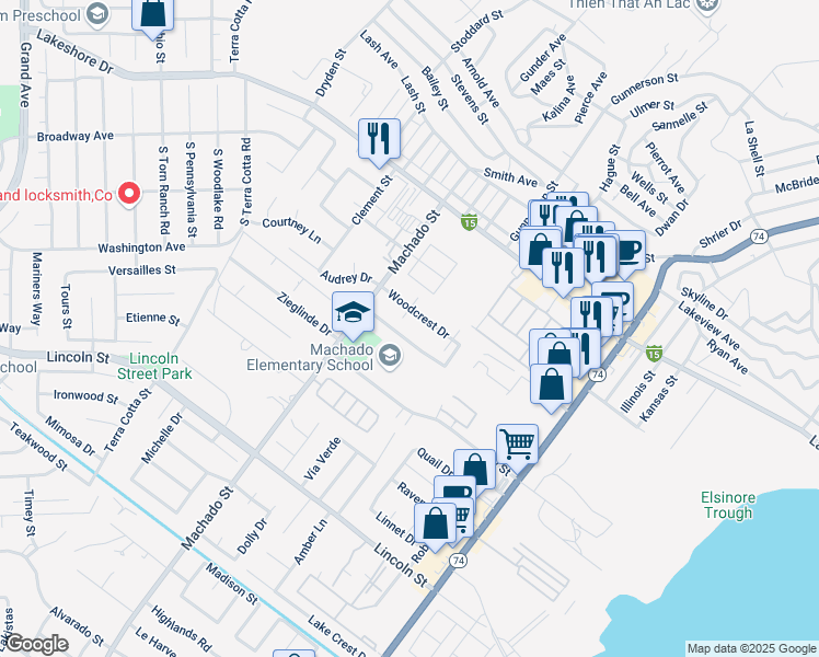 map of restaurants, bars, coffee shops, grocery stores, and more near 633 Parkview Drive in Lake Elsinore