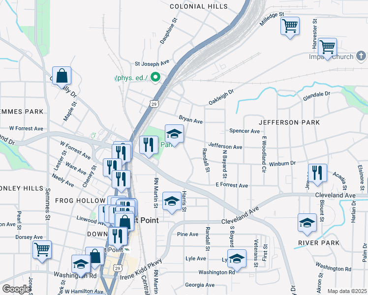 map of restaurants, bars, coffee shops, grocery stores, and more near 2575 Harris Street in East Point