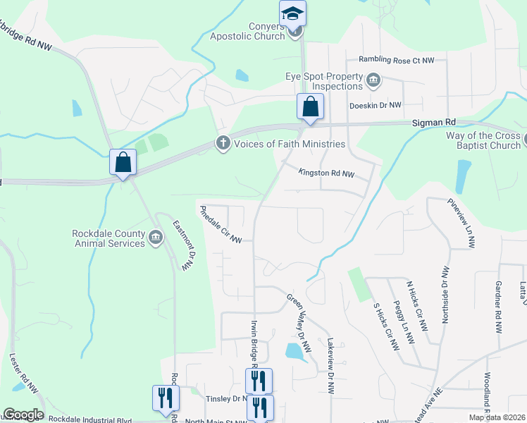 map of restaurants, bars, coffee shops, grocery stores, and more near 1125 Mountain View Road Northwest in Conyers