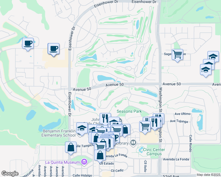 map of restaurants, bars, coffee shops, grocery stores, and more near 78187 Calle Norte in La Quinta