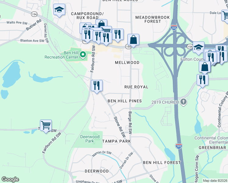 map of restaurants, bars, coffee shops, grocery stores, and more near 2543 Susan Lane Southwest in Atlanta