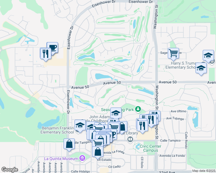 map of restaurants, bars, coffee shops, grocery stores, and more near 78187 Calle Norte in La Quinta