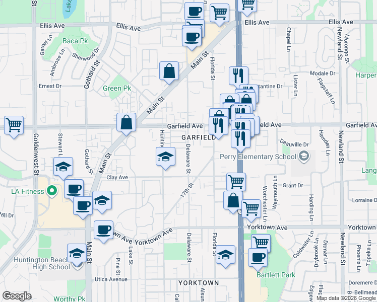 map of restaurants, bars, coffee shops, grocery stores, and more near 19077 Clearharbor Drive in Huntington Beach