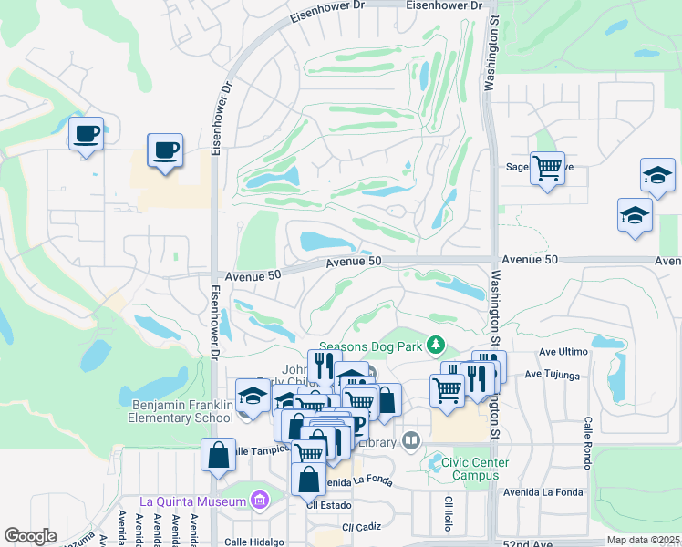 map of restaurants, bars, coffee shops, grocery stores, and more near 78191 Calle Norte in La Quinta