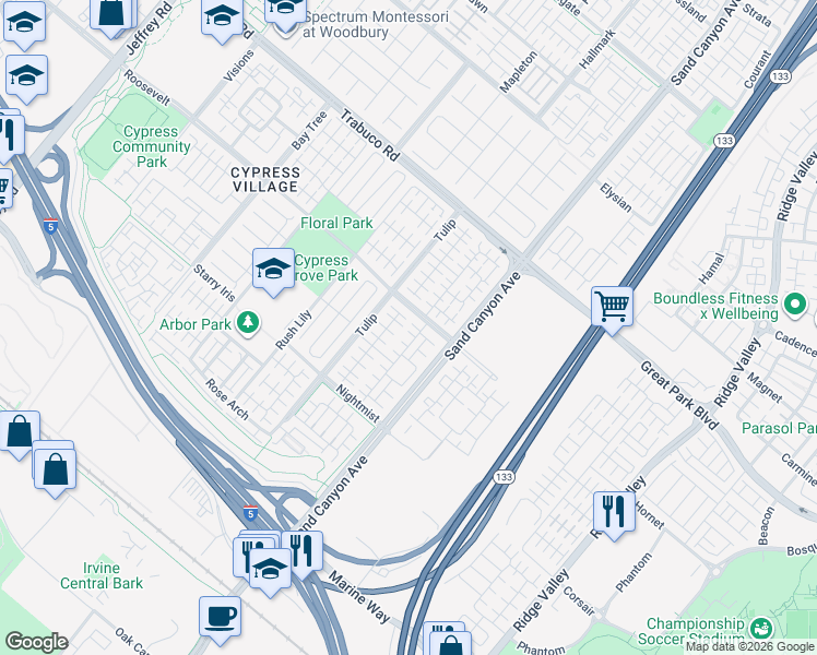 map of restaurants, bars, coffee shops, grocery stores, and more near 54 Field Poppy in Irvine
