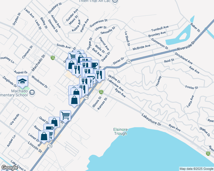 map of restaurants, bars, coffee shops, grocery stores, and more near 30801 Illinois Street in Lake Elsinore